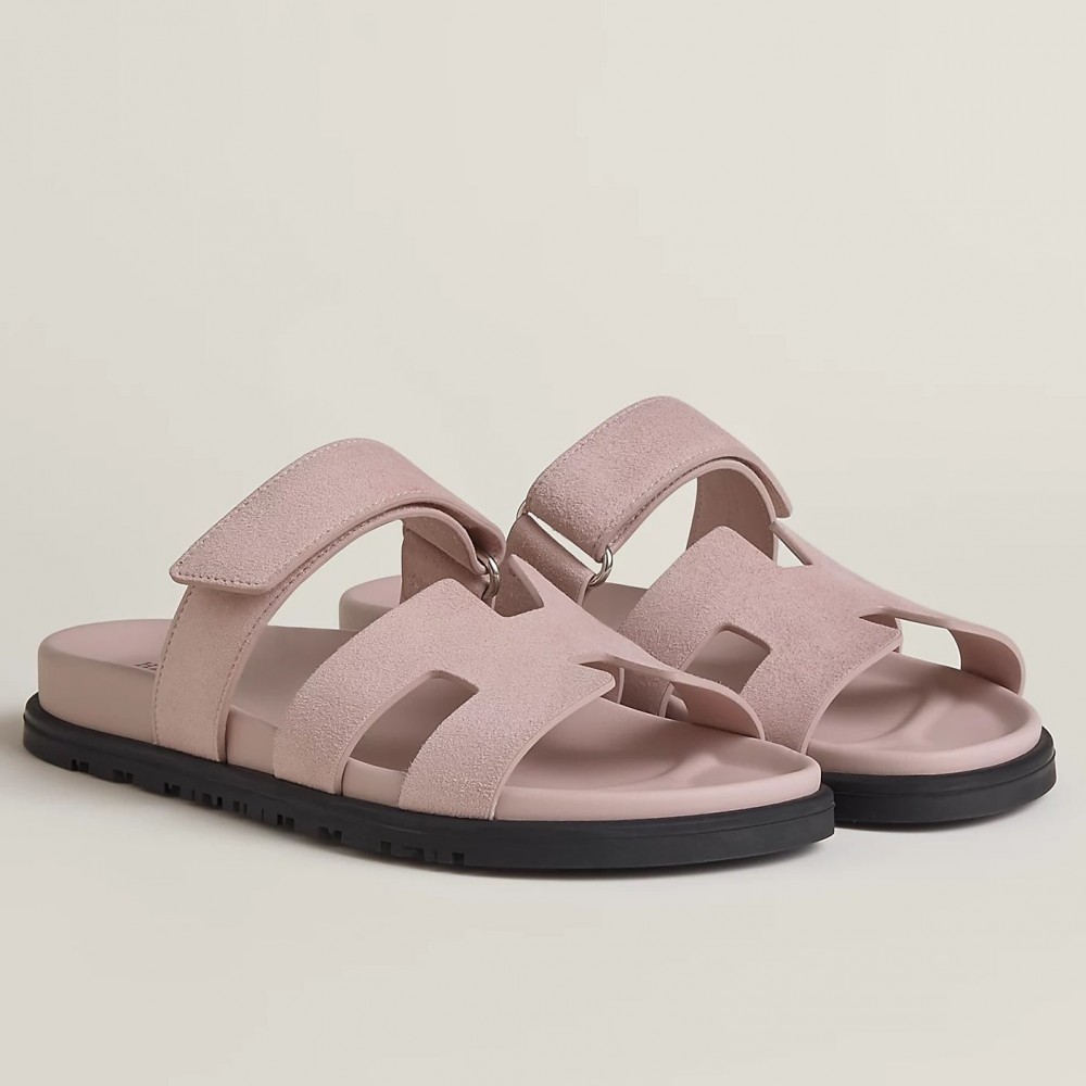 Hermes Women's Chypre Sandals In Pink Suede Calfskin HERMESHS5234